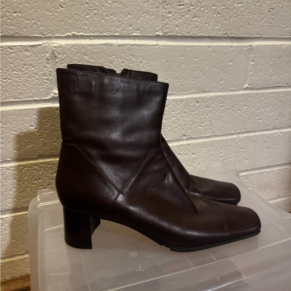 Women's Dark Brown Leather Block Heel Ankle Boots